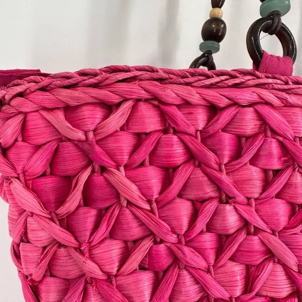 NWT Barney’s NY Pink Straw‎ Beaded Handle Tote Bag